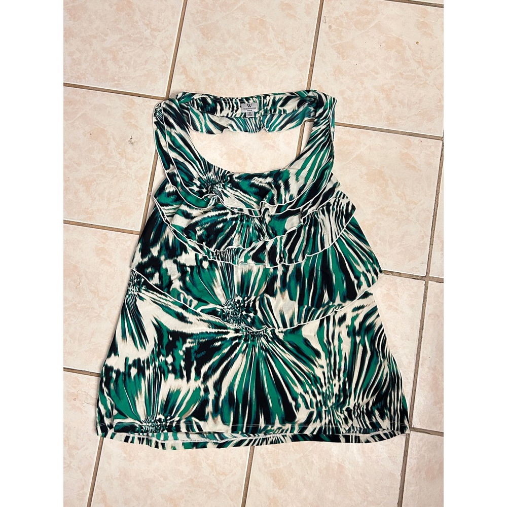 Worthington Woman Green Black Abstract Ikat Ruffle Halter Top Plus 3X - Picture 7 of 10